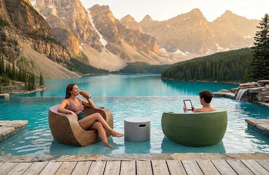 Tenjam Moon Chair in pool with tropical landscaping